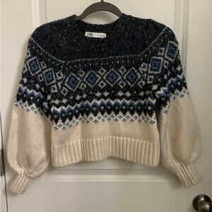 Zara Fair Isle Sweater knit Women's S crop Puff Sleeve Wool Alpaca blend Nordic